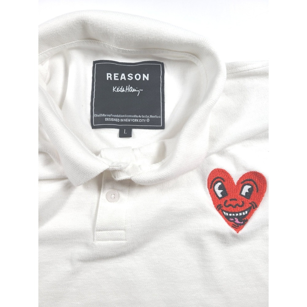 REASON Keith Haring White‎ Polo Shirt Heart Graphic Mens Size L